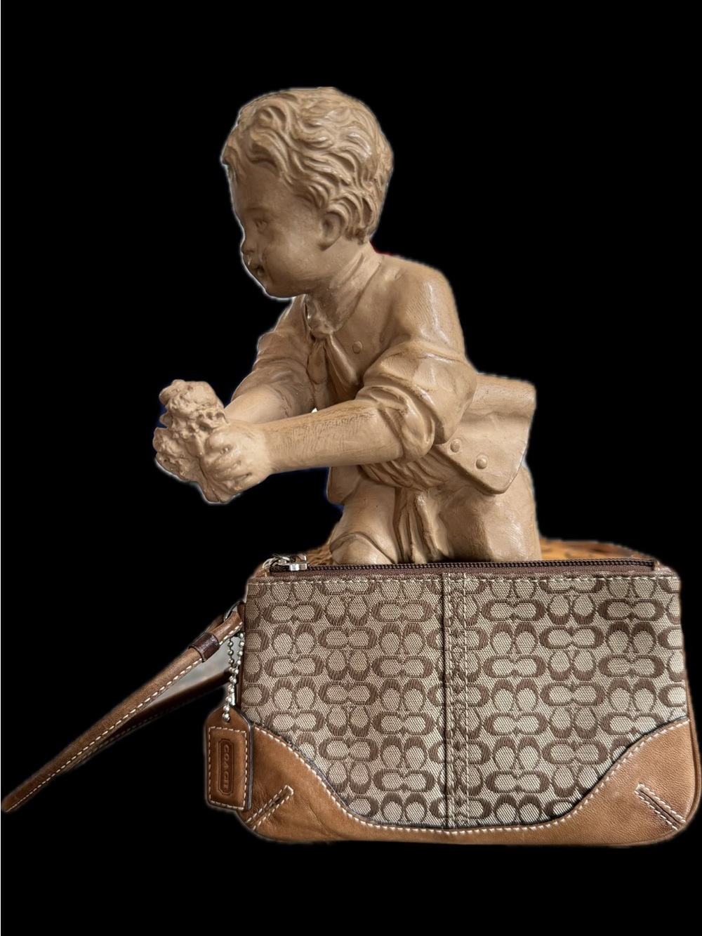 Coach Signature Canvas Wristlet with Tan Leather Trim